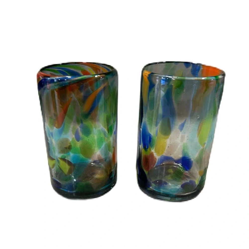 2 Crate & Barrel Mexican Hand Blown Recycled Drinking Glasses Multicolor Dot Rue